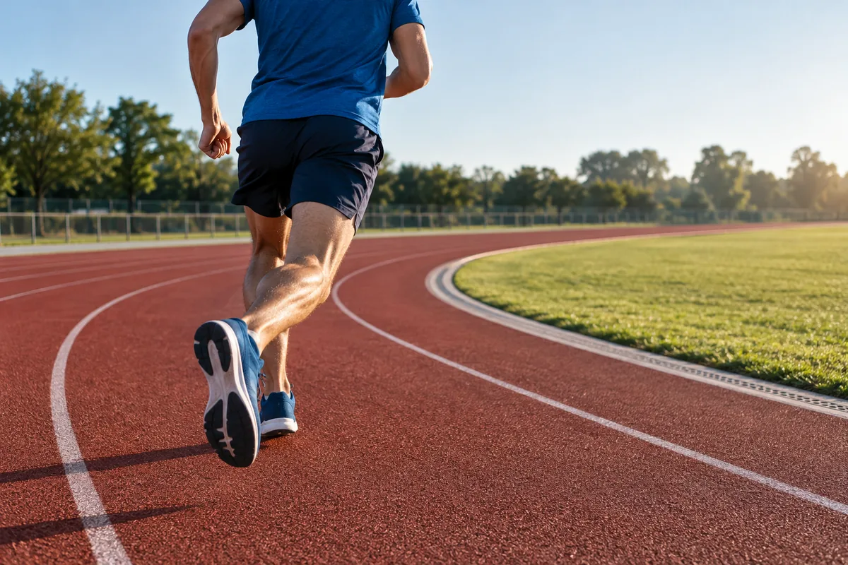 Rear view of a runner entering the curve of an outdoor athletics track.