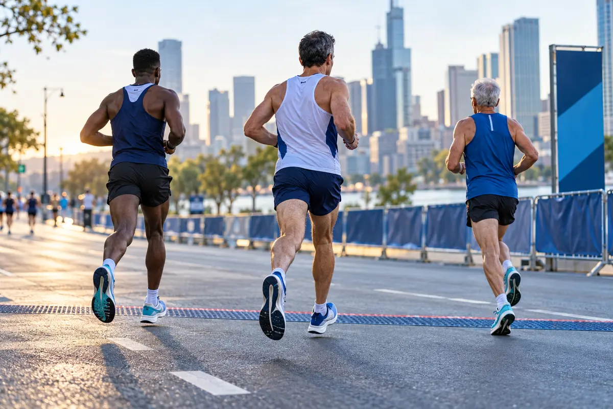 Three male road runners from different adult age groups racing on the same measured city course.