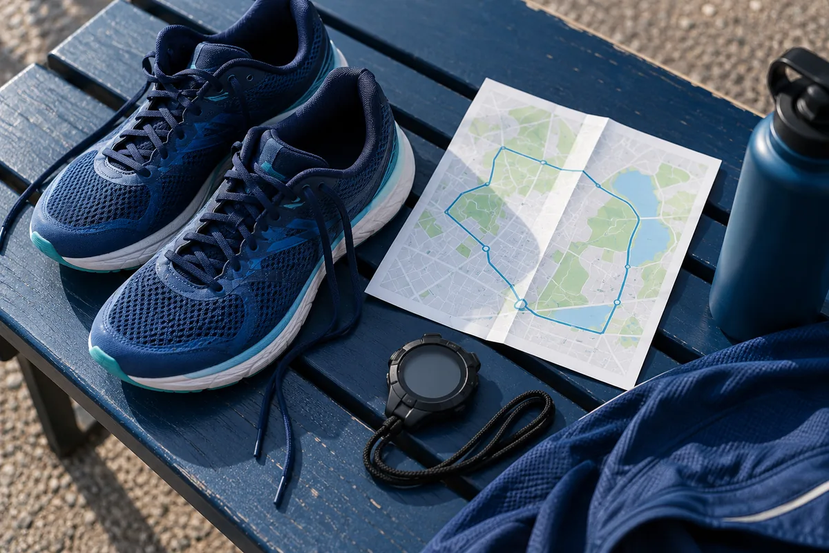 Running shoes, a stopwatch and an unlabelled route map on a blue bench.