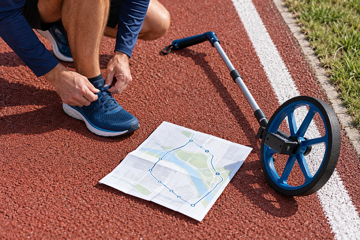 Running shoes, a route map and a measuring wheel beside a track lane line.