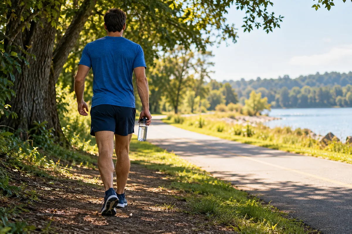 A man walking in the shade beside a sunny path while carrying water.