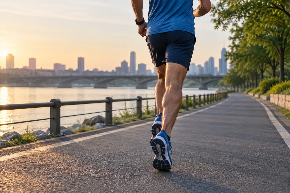 Rear view of a runner on a riverside path, with a wristwatch visible.