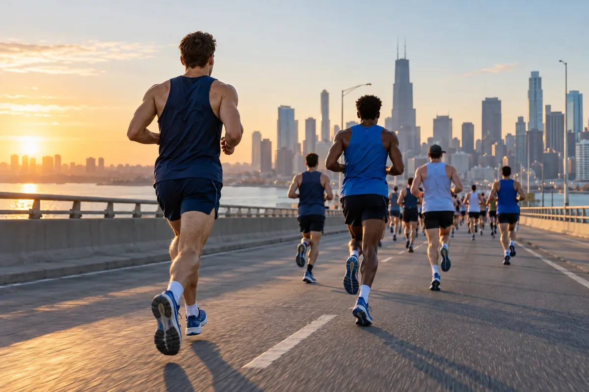 Male runners progressing along a city bridge in morning light.