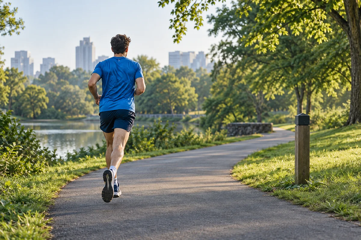 A male runner viewed from behind on a park path near an unmarked distance post.
