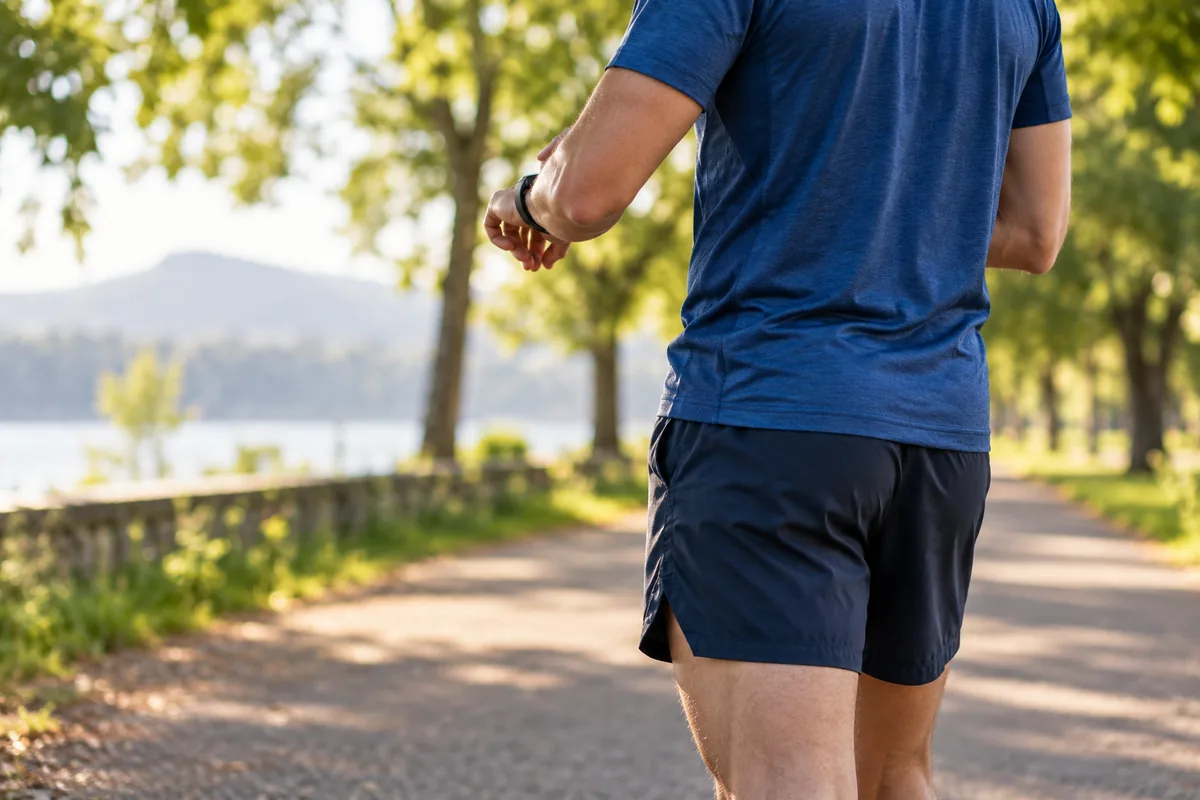 A runner checking his wristwatch on a tree-lined running path.