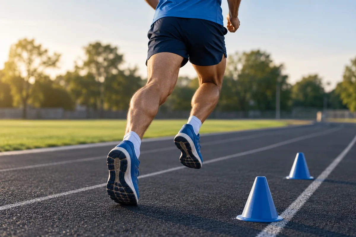 Close rear view of running legs passing training cones on a track.