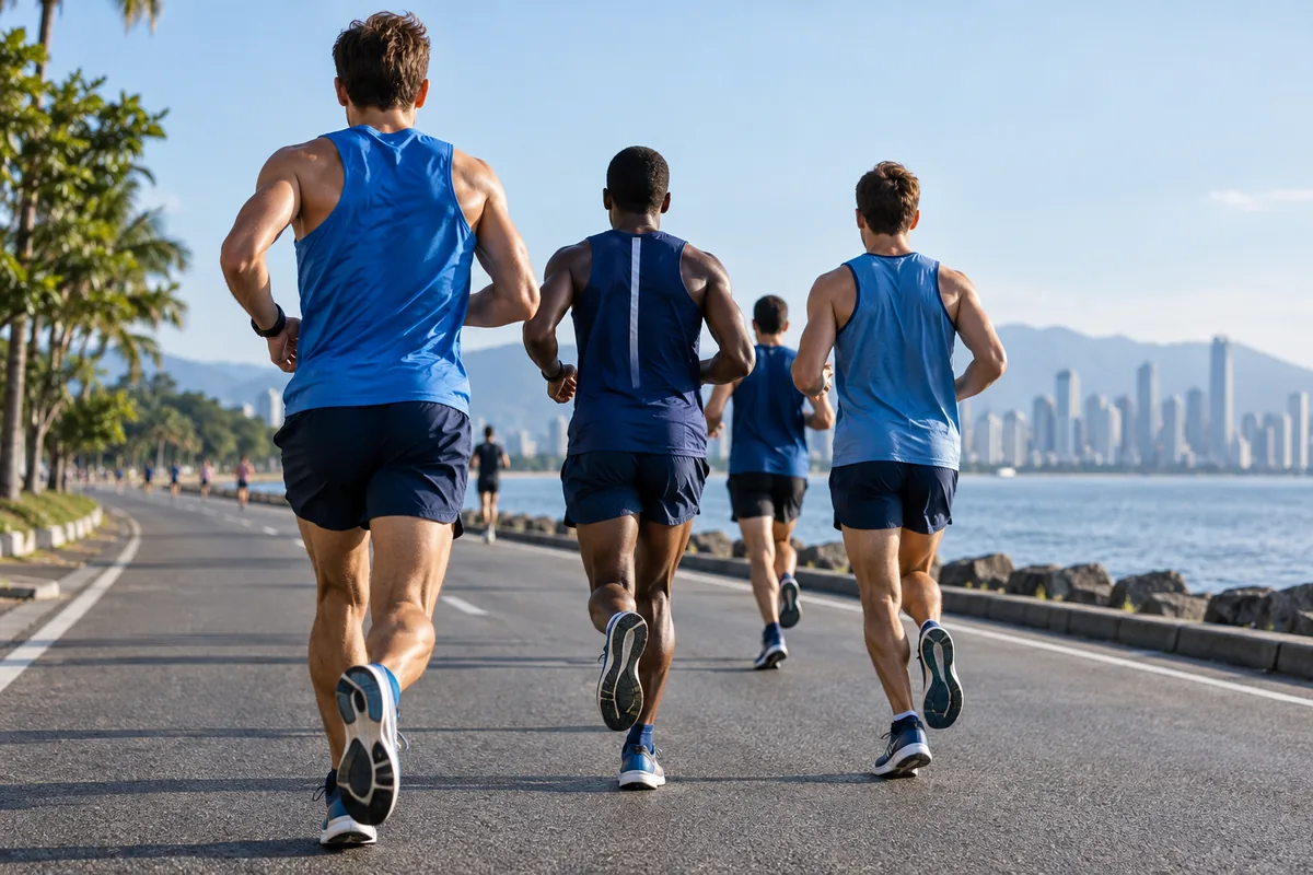 Male road-race runners viewed from behind on a waterfront route.