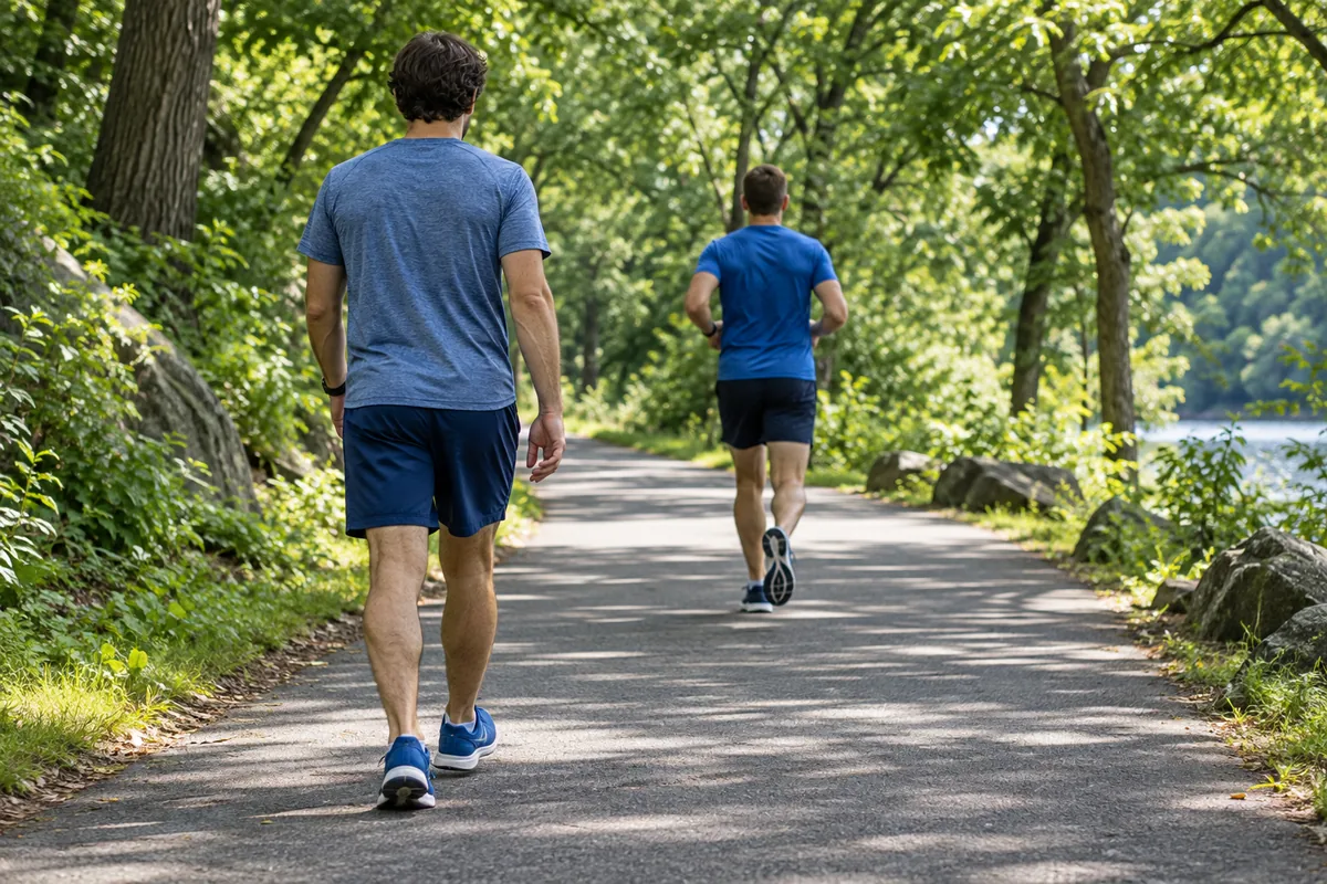 A man walking on a shaded path while another runner jogs ahead.