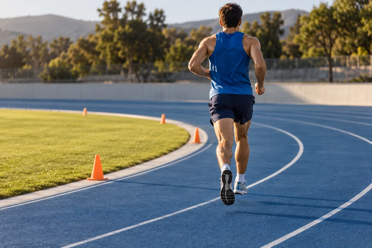 Runner completing a training repetition on a blue track beside cones.