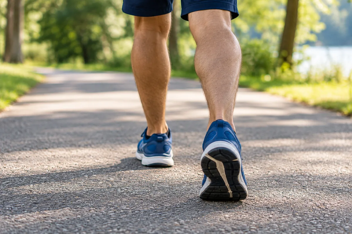 Close view of walking shoes and lower legs on a level park path.