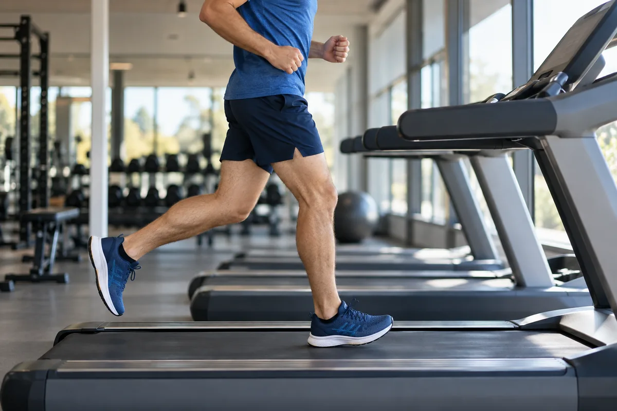 Side view of a runner using a treadmill in a bright gym.